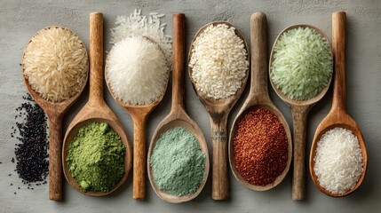 A colorful display of various types of rice and grains arranged in wooden spoons, showcasing different textures and colors.