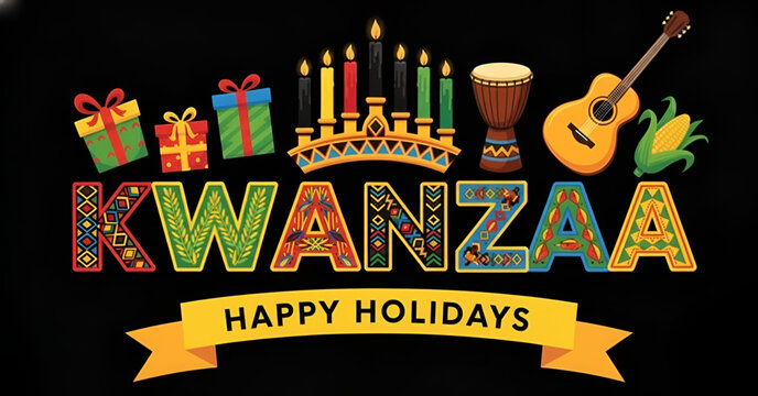 Kwanzaa Happy Holidays Greeting Card Design African Festival Celebration Kinara Candle Gift Djembe Drum Guitar Corn Cultural Symbols Swahili Principles Unity Self Determination Collective Work
