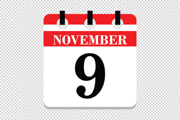 9 November Calendar icon vector, 9 dates of November month calendar icon, dates of November 9 icon calendar, vector calendar icon.