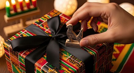 Fototapeta premium Hand tops Kwanzaa gift, gift bears bird symbol, gift honors traditions