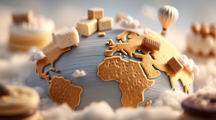 A whimsical globe made of desserts, showcasing various food items atop a stylized world map, surrounded by fluffy clouds.