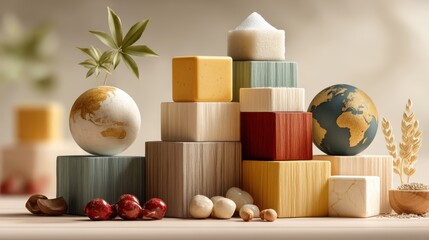 A visually striking arrangement of colorful blocks and a globe, showcasing elements of nature and creativity in a harmonious display.