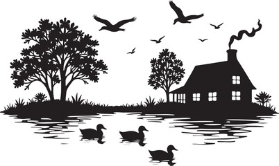 Black silhouette of a house with smoking chimney and ducks on water