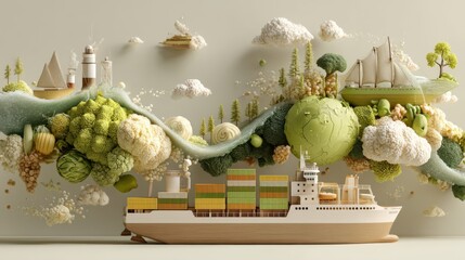 A whimsical landscape featuring a ship made of vegetables sailing through a vibrant scene with lighthouses and greenery.