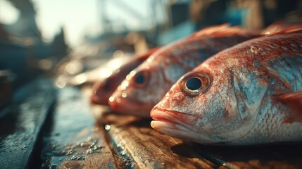 Close-up of freshly caught fish on a wooden surface, highlighting their vibrant colors and details in a maritime setting.