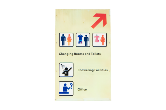 Signs for tourists or general public to know symbol, Icon sign Changing Rooms and Toilets, Showering Facilities, Office. In public tourist attractions. Isolated on cutout PNG or transparent background