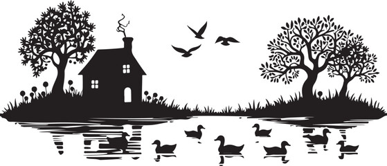 Black silhouette of a house with trees ducks and birds