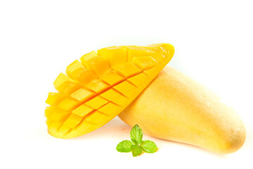 Fresh Yunnan Mango Sliced with Mint Garnish on White Background