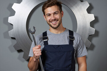 happy young male mechanic or engineer in overalls, smiling while holding a wrench in front of a giant metal industrial gear