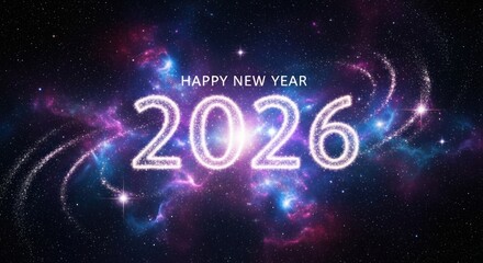 Sparkling 2026 New Year Celebration with Cosmic Galaxy Background Spectacular