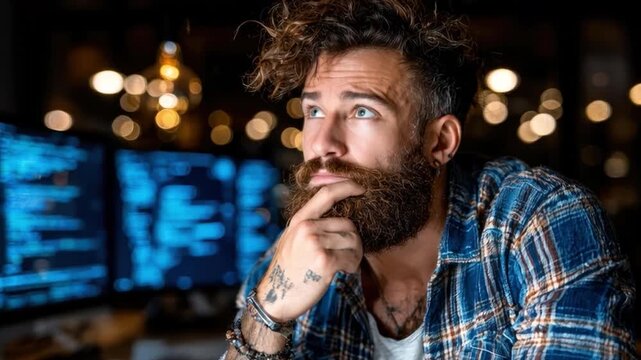 Thoughtful young man with beard gazing upward while surrounded by glowing computer screens in a cozy workspace with warm lighting