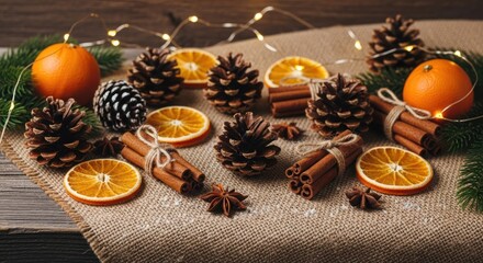 Festive Christmas table arrangement with oranges pinecones and cinnamon sticks creating a cozy and