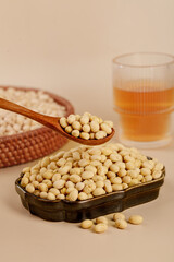 Fresh Soybeans in Wooden Bowl with Traditional Tea - Asian Food Ingredients