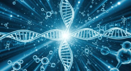 Abstract digital art representing dna structure and molecules with glowing light concept on blue
