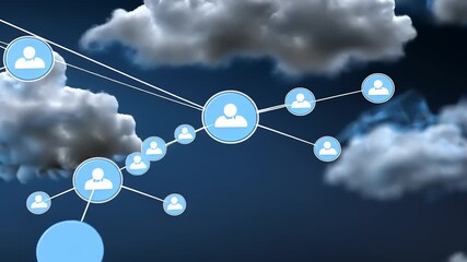 Cloud-based networking visualization with user icons interconnected against a dramatic sky backdrop - Powered by Adobe
