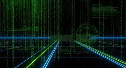 Digital data stream with binary code and neon lines creating an immersive virtual environment