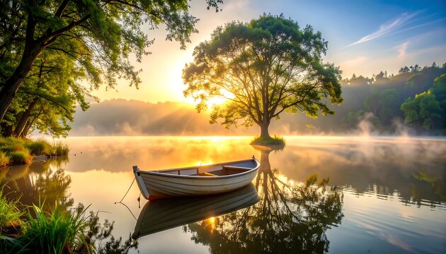 A serene lakeside scene at dawn, bathed in golden sunlight. A boat rests near a small island with a single, majestic tree