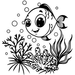 Obraz premium A cute fish swims among the coral and bubbles underwater