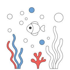 A simple drawing of a fish swimming in the ocean with coral