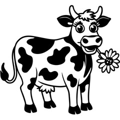 Cartoon cow with flower in mouth isolated on