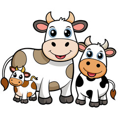 Cartoon family of cows isolated on, smiling happily