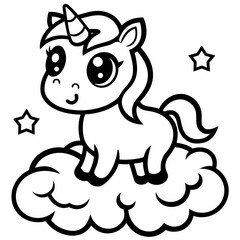 Cute unicorn on cloud with stars isolated on
