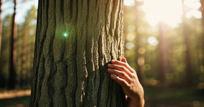 Two hands embracing a tree in a sunlit forest, symbolizing connection with nature