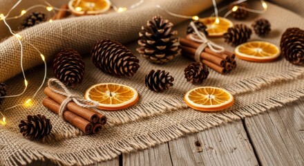 Festive christmas arrangement with dried orange slices, cinnamon sticks, and pine cones creating a