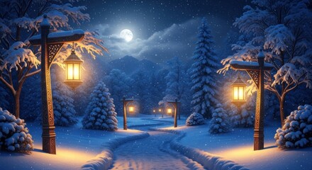 Enchanting winter landscape with illuminated street lamps and a full moon glowing above