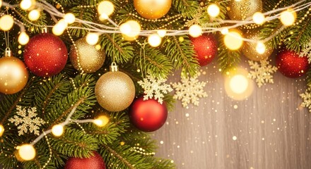 Festive Christmas composition with ornaments, lights, and evergreen branches, creating a warm and