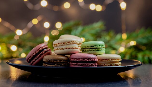 Assorted Colorful Christmas Macarons with Gold Accents on a Plate with Soft Bokeh Fairy Lights - Powered by Adobe