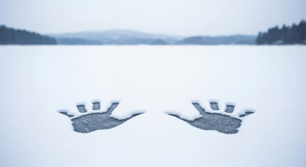 Handprints on snowy lake symbolizing solitude and presence