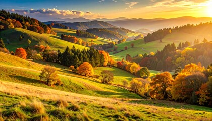 Panoramic Rural Landscape with Golden Autumn Hills and Warm Sunlight Creating a Serene Countryside Nature View

