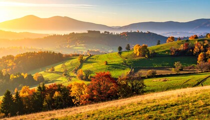 Beautiful Panoramic Countryside Landscape with Rolling Rural Hills and Meadows Bathed in Soft Autumn Sunlight
