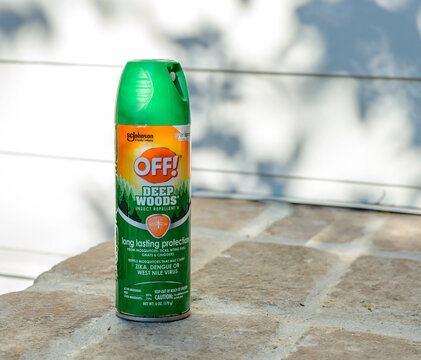 New Orleans, LA, USA - November 23, 2025: Closeup of a Six Ounce Spray Can of Off! Deep Woods Insect Repellent