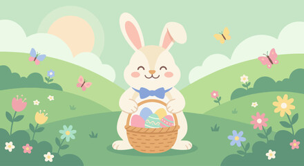 Cute Easter Bunny With Basket
Flat vector illustration of a smiling Easter bunny holding a basket filled with colorful eggs, soft pastel palette, rounded shapes, child-friendly style