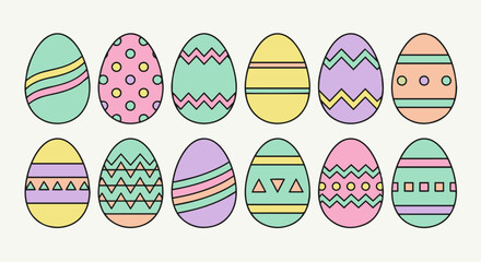 Easter Eggs Set
Flat vector set of decorative Easter eggs with simple geometric patterns, bright pastel colors, clean outlines
