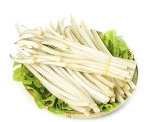 Freshly Dug Lotus Root Vegetables from Honghu in Wicker Basket with Green Lettuce