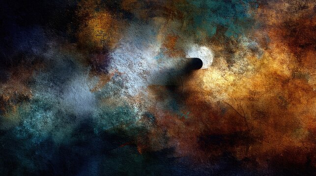 An abstract textured background featuring a beam of light emerging from a dark circular opening, casting a shadow across a richly colored, painterly surface wit