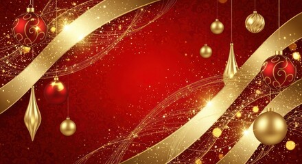 Festive red and gold christmas background with ornaments and ribbon decoration elegantly designed
