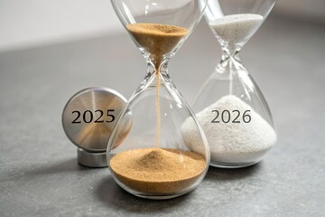 Time Passing Sand Timers Marking Years 2025 and 2026 with Shifting Sands