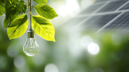 Glowing light bulb with a blurred green background, representing innovation and creativity in a natural setting.