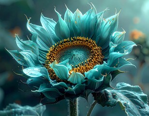 A vibrant, detailed, close-up view of a unique cyan sunflower