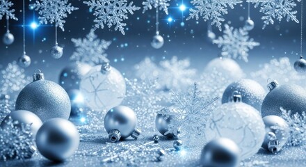 Elegant silver christmas decorations with shiny ornaments and snowflakes backdrop creating festive