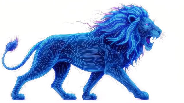 Elegant electric blue lion animation sequence, vibrant and detailed, showcasing digital art in