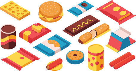 Isometric snack and food packaging illustration set featuring chips, chocolate bars, cookies, biscuits, cheese, cans, sausage, and fast food items