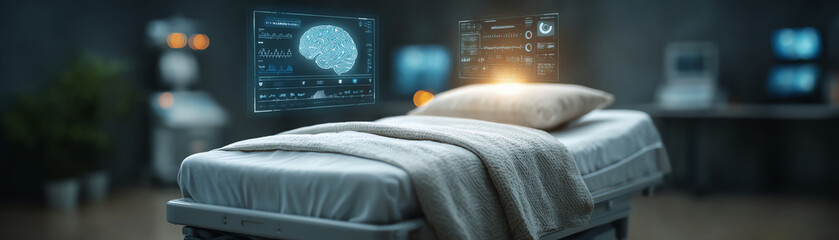 Empty hospital bed awaits in futuristic laboratory room. High tech science and advanced medicine for brain research create somber mood