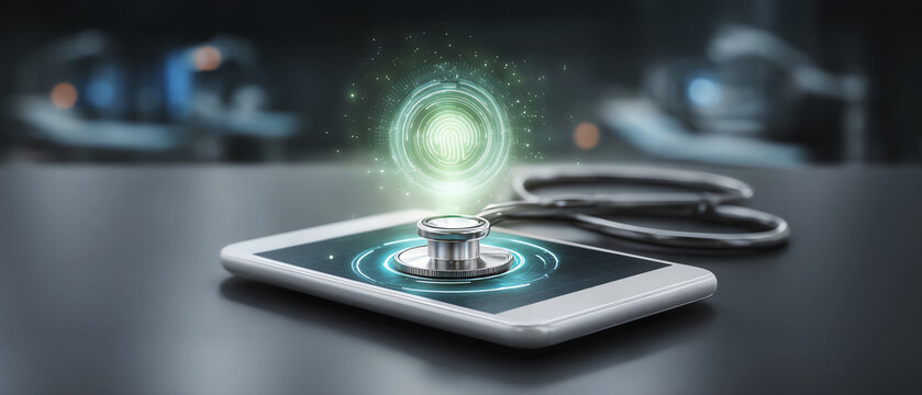 Hopeful health technology and medical stethoscope on smartphone. digital innovation for future healthcare showing futuristic concept