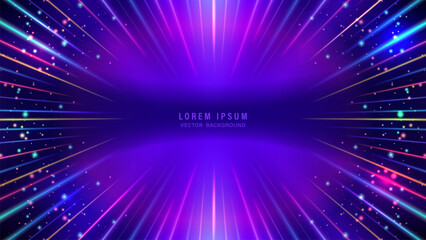 Vibrant abstract digital background features dynamic neon light beams, glowing particles, and a bokeh effect