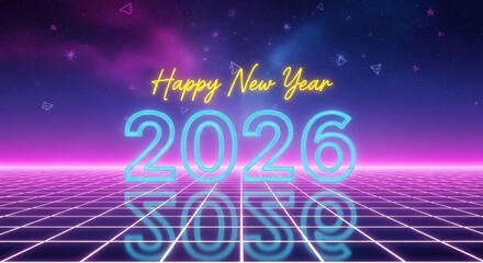Vaporwave New Year 2026 Celebration with Neon Lights and Retro Grid Landscape